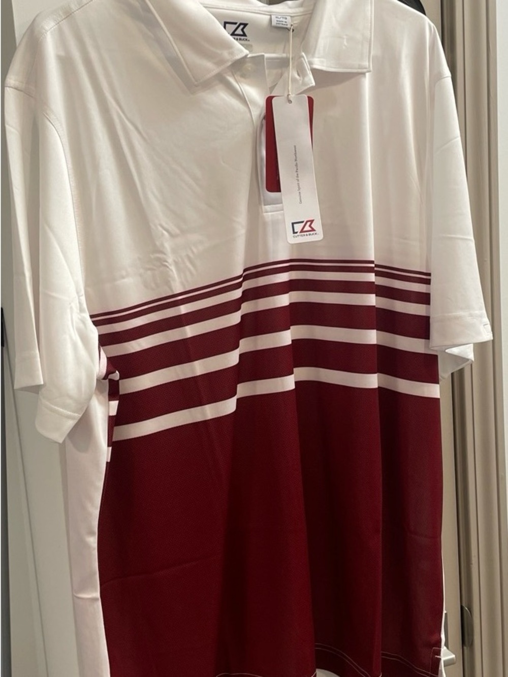Cutter & Buck White and Burgundy Striped Performance Polo